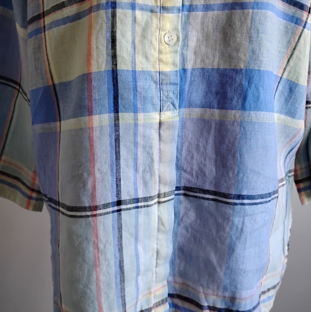 Liz Claiborne Linen Blue Plaid Button Up Shirt 3/4 Sleeves Coastal Size Medium - Picture 4 of 14